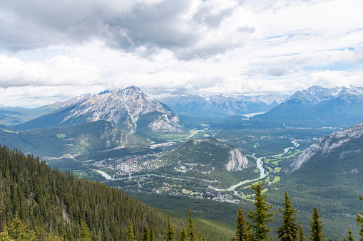 High level and angle view from top of Sulphur Mountain towards Banff, AB, Canada with Bow River and surrounding mountain ranges