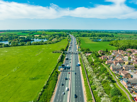 Drone view of Traffic on the M1 Motorway in England