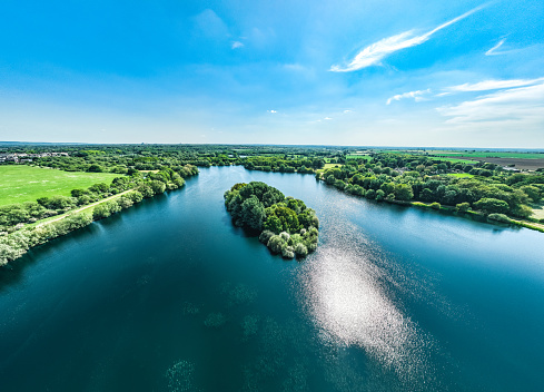 Drone view of Linford Lakes Nature Reserve in Milton Keynes, England