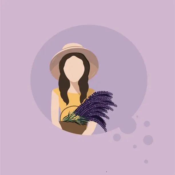 Vector illustration of Woman with lavender. Vector illustration in a flat style on a purple background. Postcard