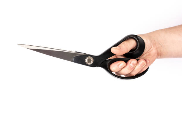 istock hand holding a black scissor in a white background 1499187586