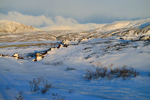 The cold snowy Sunrise Iceland highlands in Winter