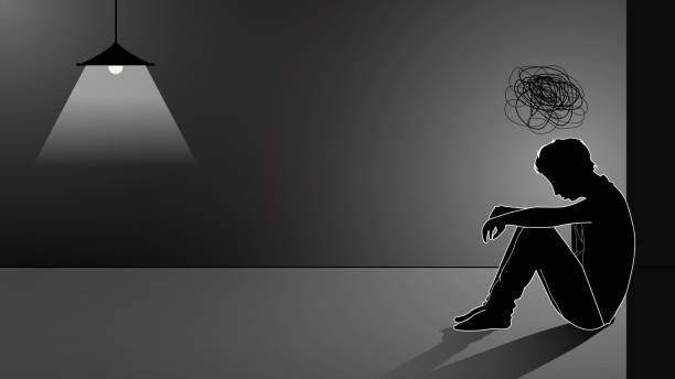 Unhappy Silhouette of very sad young man sitting alone, Depressed young man sitting on ground and leaning against wall. Flat isolated vector illustration Unhappy Silhouette of very sad young man sitting alone, Depressed young man sitting on ground and leaning against wall. Flat isolated vector illustration disappointment stock illustrations