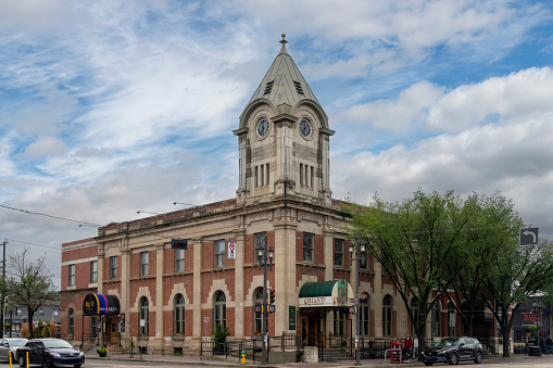 Edmonton, AB, Canada-July 2022; View of the restored Old Strathcona Post Office, a heritage building in Strathcona Square in the Old Strathcona heritage district of Edmonton