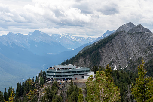 Banff, AB, Canada-August 2022; Panoramic view from top of Sulphur Mountain towards the Banff Gondola Upper Terminal with surrounding mountains