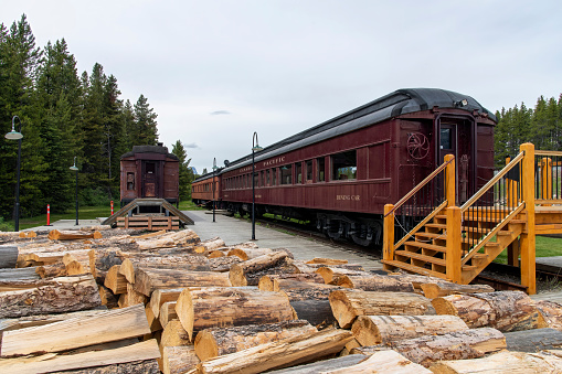 Lake Louise, AB, Canada-August 2022; View of former railway dining car next to the former Lake Louise railway station