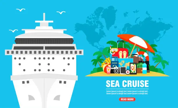 Vector illustration of Sea cruise. Time to travel concept design flat