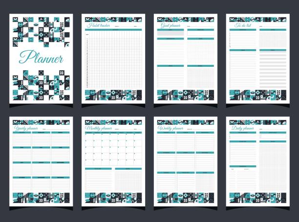планировщики задают геометрию. ежедневно, еженедельно, ежемесячно, ежегодно, трекер привычек, список дел, планировщики целей и обложка. пла� - weekly budget stock illustrations