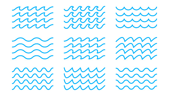 Set of line water waves icon. Sea waves vector illustration flat simple lines. Water logo, line ocean symbol in vector flat style. Ocean, sea waves symbols set. Wave line and wavy zigzag lines.