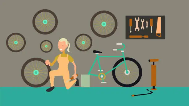 Vector illustration of Professional woman holding cycle frame in bicycle