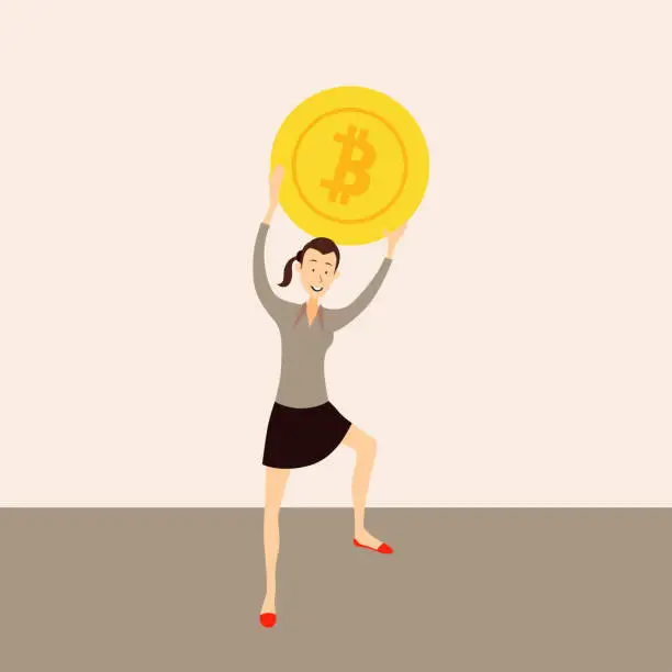 Vector illustration of Woman holding bitcoin