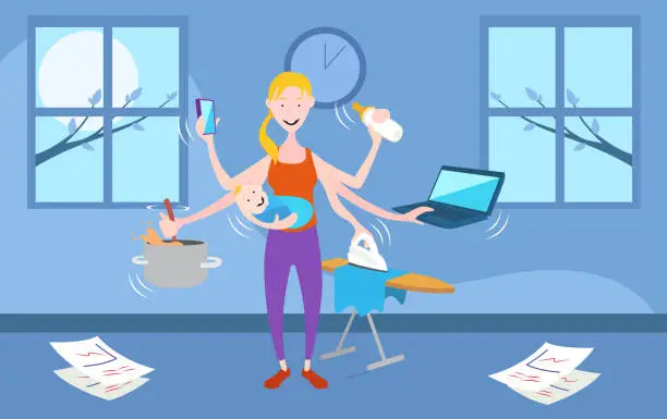 Vector illustration of Working at home.Housework with baby