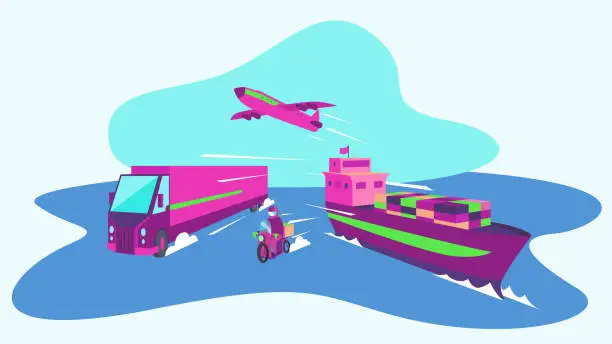 Vector illustration of Cargo transport light concept. airplane, ship, truck and motorcycle