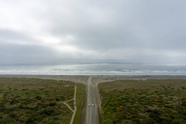 Aerial view of the beach at Ocean Shores, Washington on a rainy summer day