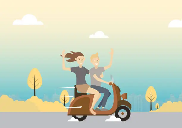 Vector illustration of Young couple having fun riding scooter