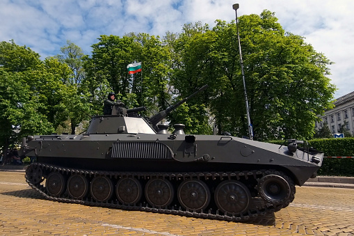 Sofia, Bulgaria - 6 May, 2023: BMP-23 Bulgarian infantry fighting vehicle is seen during the Military parade which marks Bulgaria Army Day.