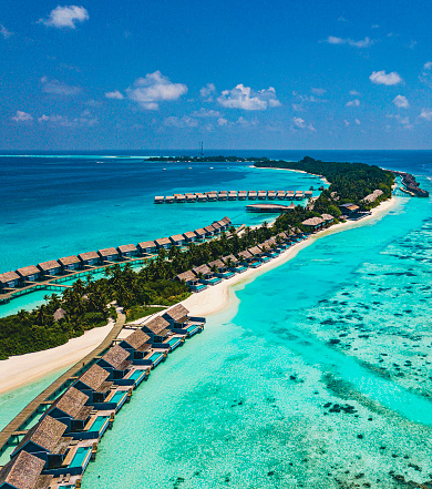 Maldives luxury resort island drone shot, Kuramathi Island