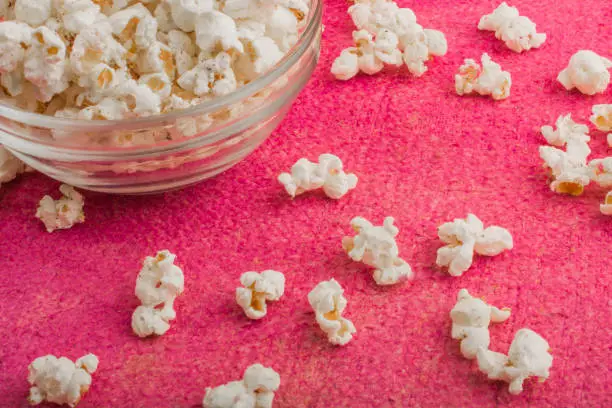 Photo of popcorn in a glass plate, on a pink background