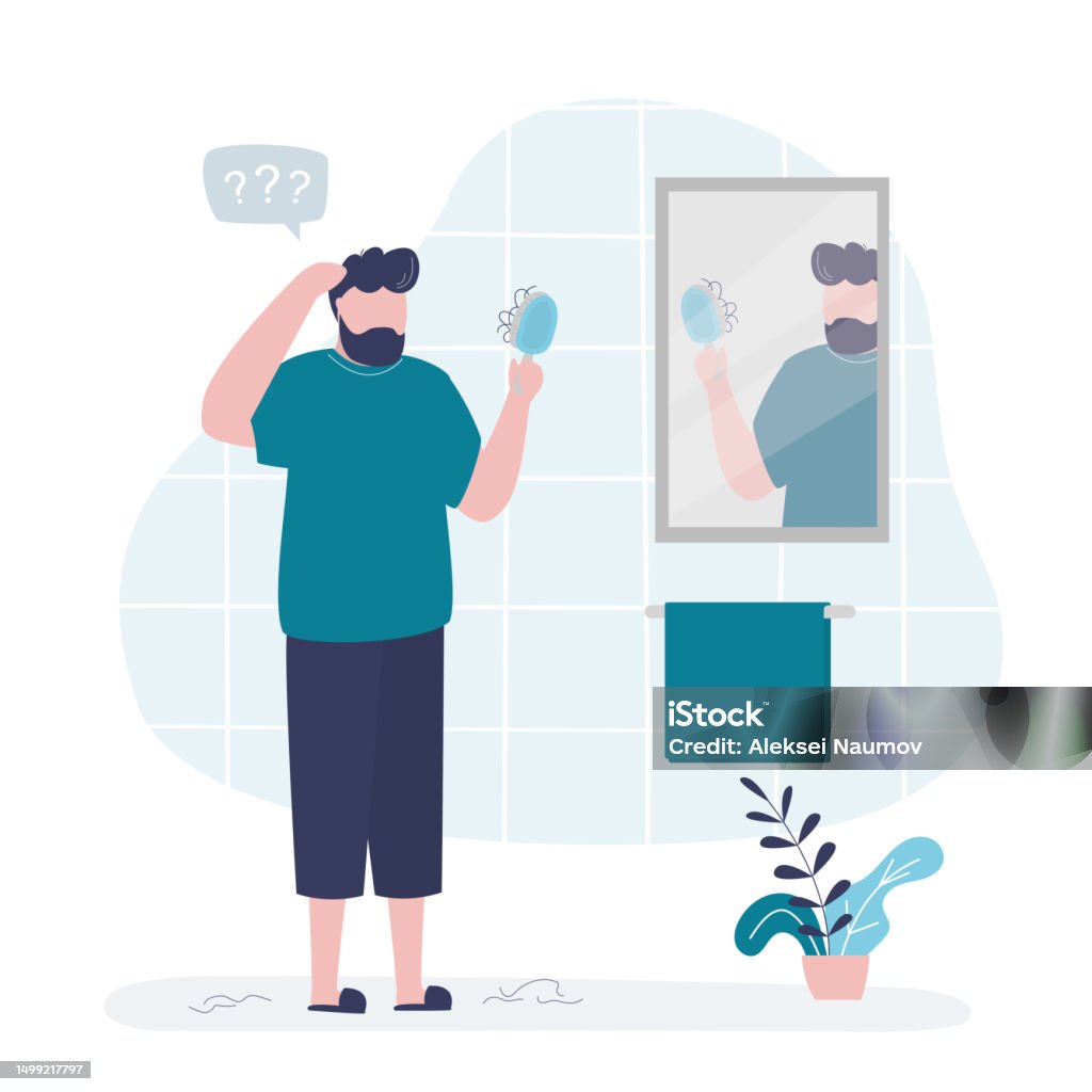 Schöner Mann mit Kamm, der unter Haarausfall leidet. Alopezie in jungen Jahren, Haarprobleme, Kahlheit. Dünnes Haar von Männern wird mit Problemen, Stress, Alter und schlechter Ernährung in Verbindung gebracht. Innenausstattung des Badezimmers - Lizenzfrei Alopezie Vektorgrafik Schöner Mann mit Kamm, der unter Haarausfall leidet. Alopezie in jungen Jahren, Haarprobleme, Kahlheit. Dünnes Haar von Männern wird mit Problemen, Stress, Alter und schlechter Ernährung in Verbindung gebracht. Innenausstattung des Badezimmers - Lizenzfrei Alopezie Vektorgrafik