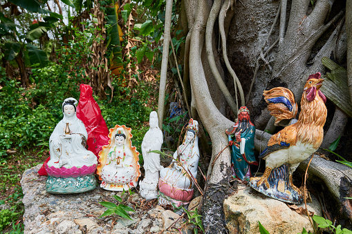 Statue of Guan Yin, a feng shui roaster and a chinese general at a Chinese roadside temple in Tung Chong. Islands District. Lantau Island. Hong Kong.