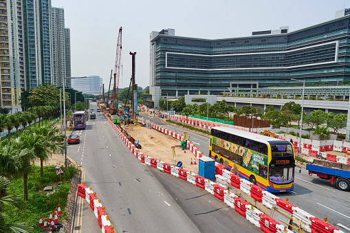 Hong Kong, China - April 15, 2023: road construction in Chung Yan Road, a major thoroughfare in Tung Chung.