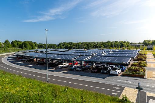 Stourton Lark and Ride, Leeds, UK - May 25, 2023.  A self sufficient parking lot with park and ride facilities and solar panels for electric car charging in an innovative technology concept