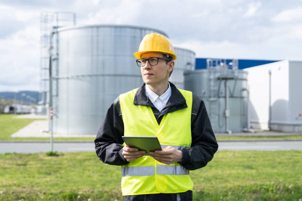 istock Engineer on a background of gas tanks. 1499228914