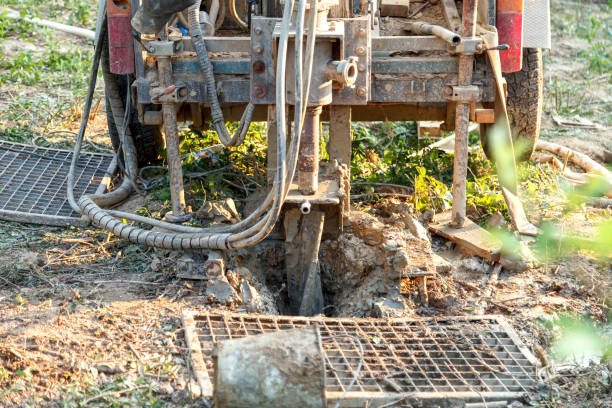 Rotary drilling rig at a construction site.Sludge flow from the joule during the water well drilling Drilling rig for drilling water wells and producing drinking water for residential premises. Pumping dirty water out of the well joule stock pictures, royalty-free photos & images
