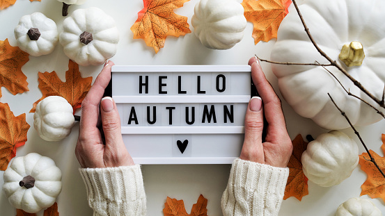 Hands of woman in white sweater text board with inscription Hello Autumn,pumpkins,orange maple leaves,branches on white background,top view,flat lay.Concept beginning of autumn,fall atmosphere,mood.