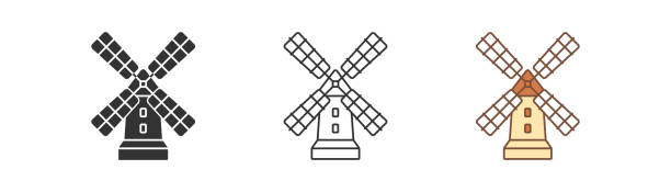 Web Flour wooden windmill icon isolated. Wind energy symbol. Wind, netherlands, holland windmill, bakery, bread. Outline, flat and colored style. Flat design. Vector illustration amsterdam windmill stock illustrations