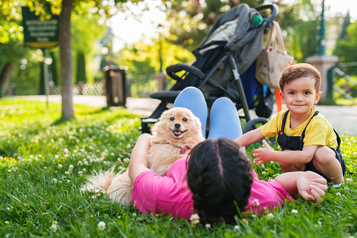 Mother and son with their dog in a park