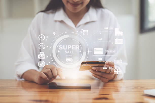 istock Online store icon, shopping on internet, Asian woman using on virtual screen with hands choosing on smartphone application 1499237815