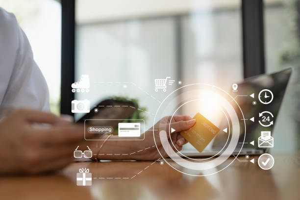 istock Online store icon, shopping on internet, Asian woman using on virtual screen with hands choosing on smartphone application 1499238000