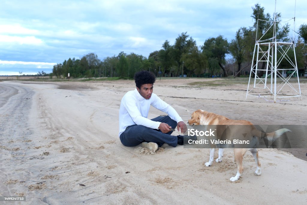 young man with pet on the river bank young man with beagle 20-24 Years Stock Photo