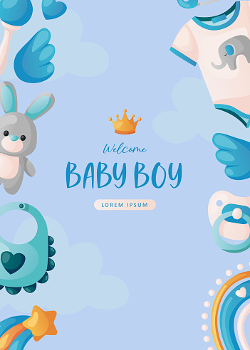 Baby shower invitation with clothes, stars, toys, rattle, wings helium balloons and heart on blue. Lettering It's a boy. Hello baby celebration, holiday, event. Banner, flyer. Cartoon vector