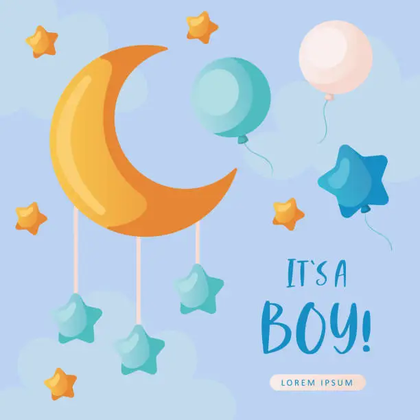 Vector illustration of Baby shower invitation with boho moon, stars, balloons and clouds on blue.