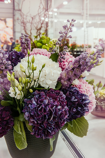 beautiful spring bouquet. flower arrangement with hydrangea of different colors. The color is lilac. The concept of a flower shop, a small family business.