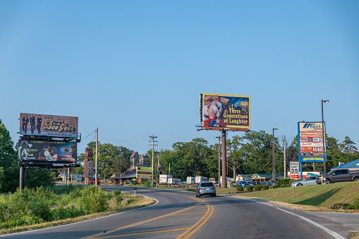 Branson, Missouri, USA. 4 June 2023. Various signs for tourist attractions in Branson, Missouri