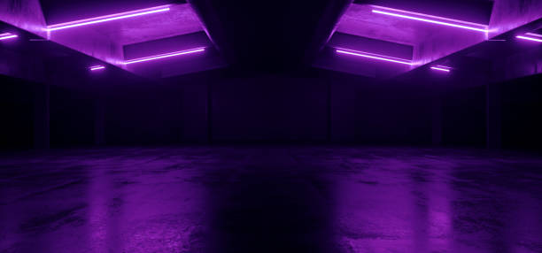istock Grunge Sci Fi Barn Neon Laser Beam Electric Cyber Lights Futuristic Triangle Modern Warehouse Empty Garage Concrete Asphalt Hangar Underground 3D Rendering 1499246743