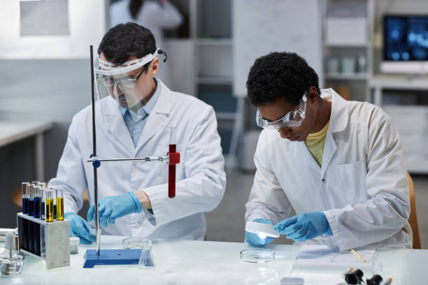 istock Young intern in scientific laboratory working with equipment 1499247637