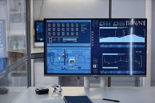 Close up background image of computer with scientific data on screen in laboratory, copy space