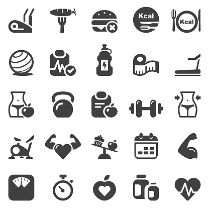 icons set for fitness and health. black color