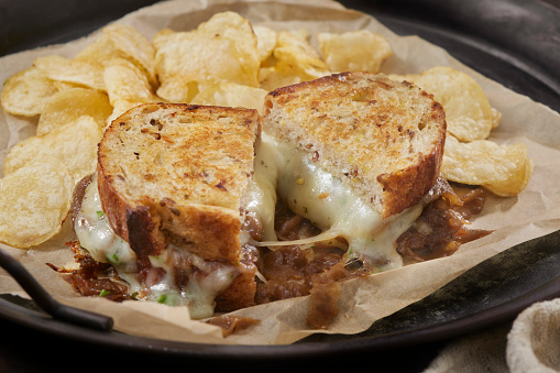 French Onion Grilled Cheese Sandwich with Potato Chips