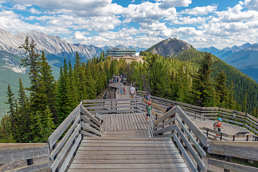 People hiking the Sulphur Mountain hiking trail after the Banff Gondola transportation, Banff national park, Canada.