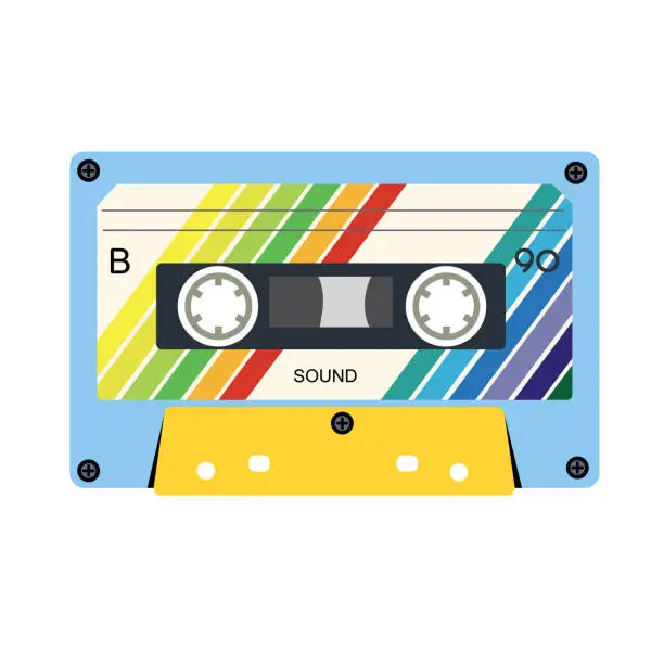 Vector illustration of Retro music cassette. Stereo DJ tape, vintage 90s cassettes tapes and audio tape. antique radio play cassette, 1970s or 1980s rock music mix audiocassette.