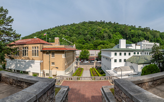 Row of traditional bathhouses in Hot Springs, Arkansas