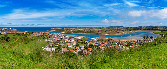 Erquy, Cotes-d-Armor / France - 20 August, 2019: panorama view from above of the old port and harbor of Erquy in Brittany
