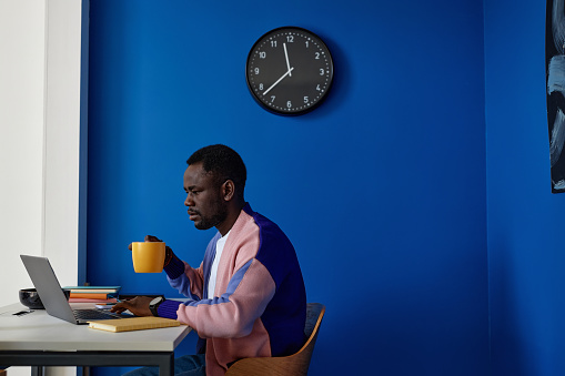 Contrasted side view portrait of young woman using laptop at workplace in office with vibrant colors, copy space