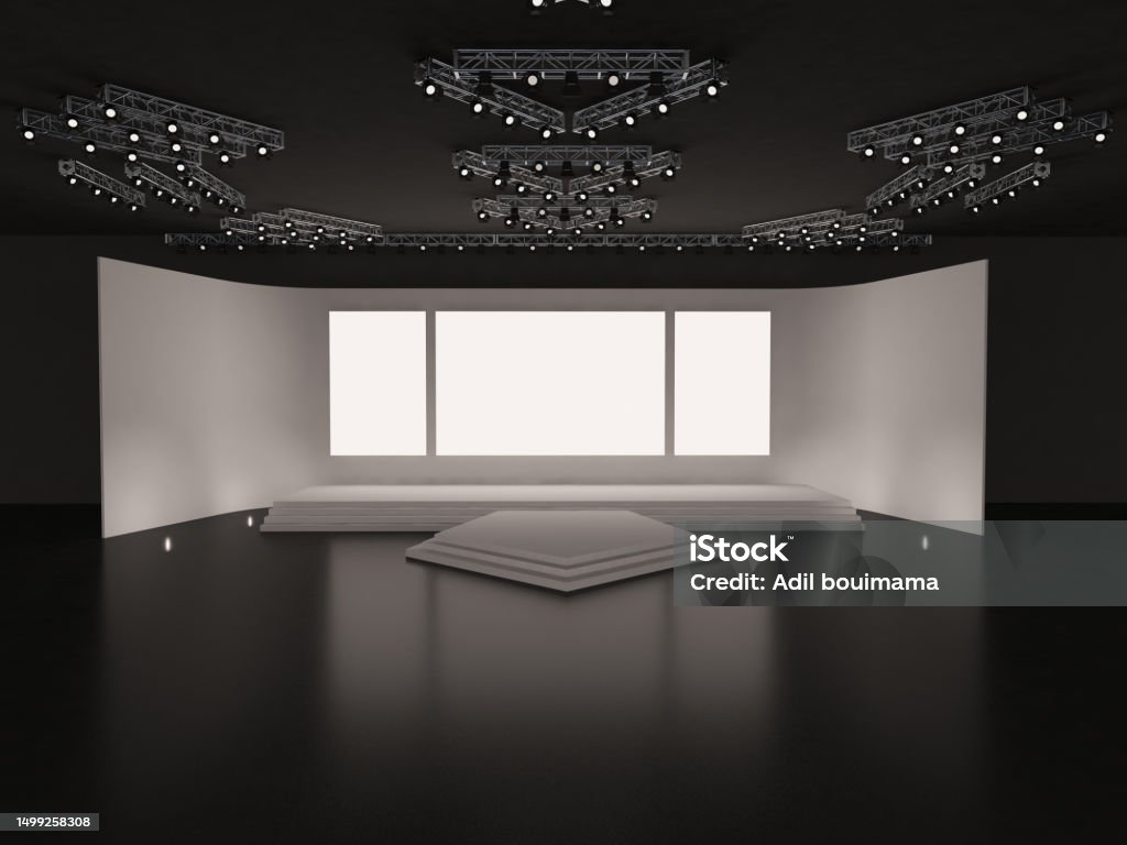 Rectangular Stage Rendering Event Empty Stage With Stairs In Front View A Rectangular Center Led ...