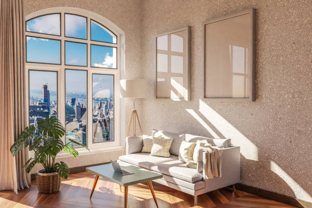 istock luxurious loft apartment with arched window and panoramic view over urban downtown; noble interior living room design mock up; 3D Illustration 1499259221